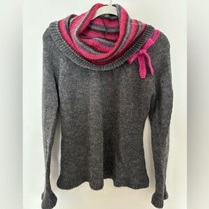 Italian Brand Evalinka Gray Cowl Neck Sweater with Pink Stripe Accent Size S